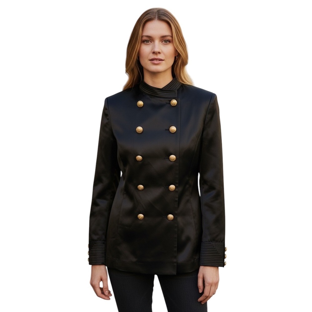Balmain x H&M Black 100% Silk Military Blazer Gold Crest Buttons US 4 EUR 34